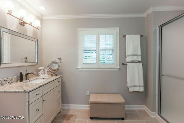 2528 N Hills Dr, Williamsport, PA 17701 - full bathroom with crown molding, vanity, baseboards, and tile patterned flooring