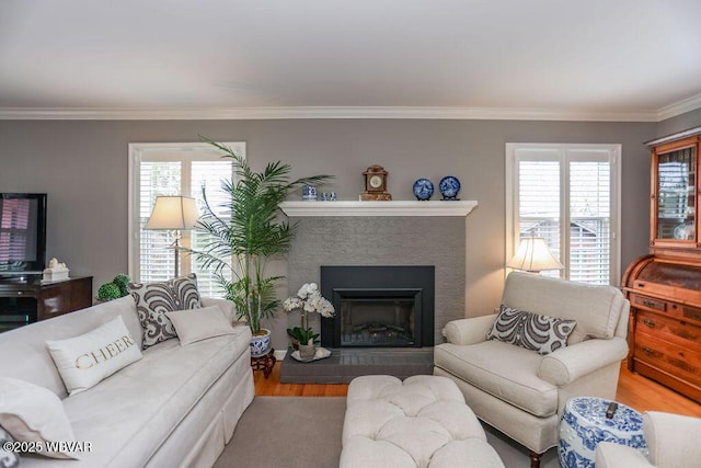 2528 N Hills Dr, Williamsport, PA 17701 - living area with crown molding, a wealth of natural light, a fireplace with raised hearth, and wood finished floors