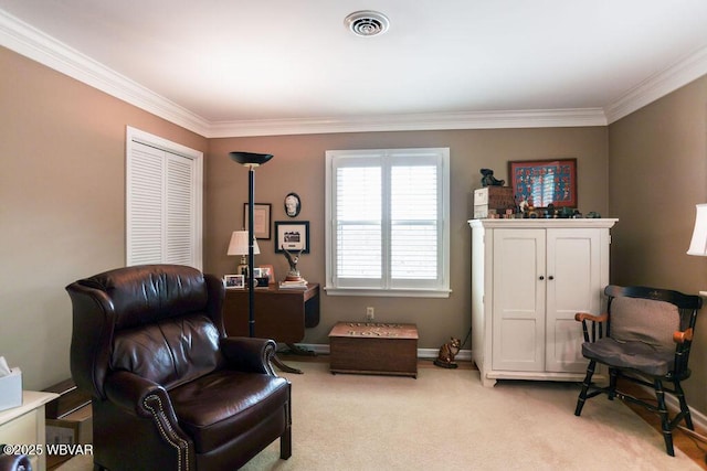 2528 N Hills Dr, Williamsport, PA 17701 - living area featuring light carpet, baseboards, ornamental molding, and visible vents
