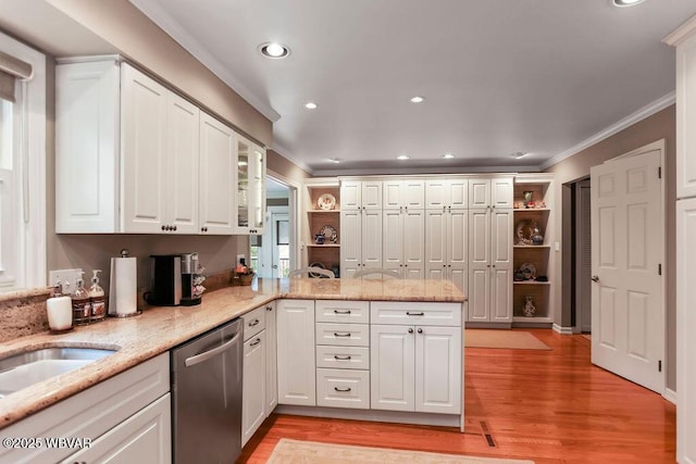 2528 N Hills Dr, Williamsport, PA 17701 - kitchen featuring open shelves, a peninsula, crown molding, white cabinetry, and stainless steel dishwasher