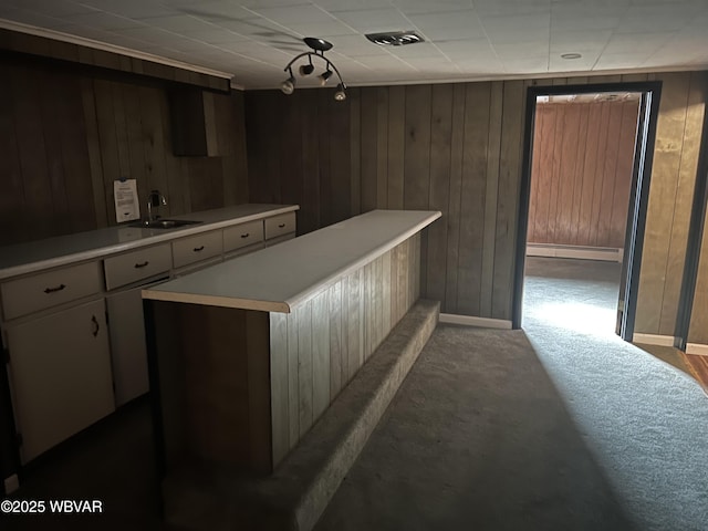 bar with a baseboard heating unit, a sink, baseboards, dark carpet, and wooden walls