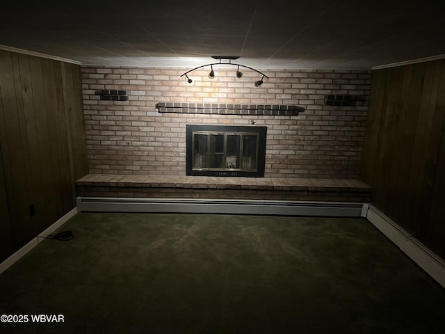 interior space with baseboard heating, wooden walls, carpet, a fireplace, and baseboards