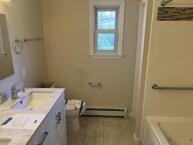 full bath featuring a baseboard heating unit, vanity, shower / bath combination, baseboards, and toilet