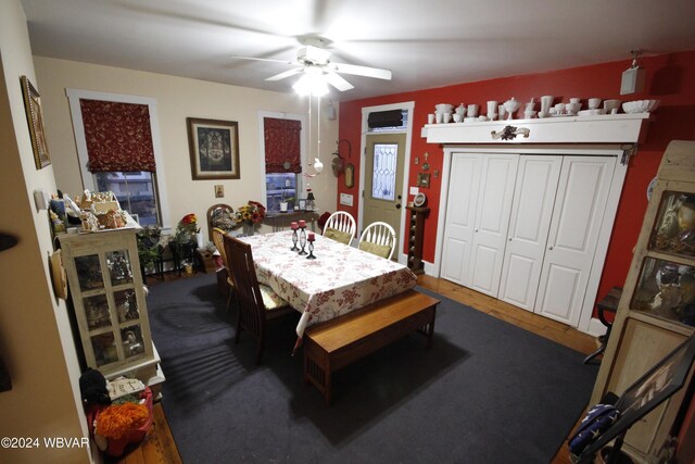 dining room with ceiling fan and hardwood / wood-style floors