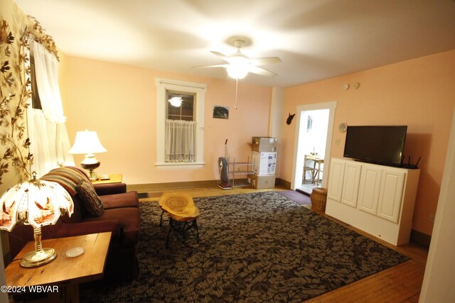 living room with wood-type flooring and ceiling fan