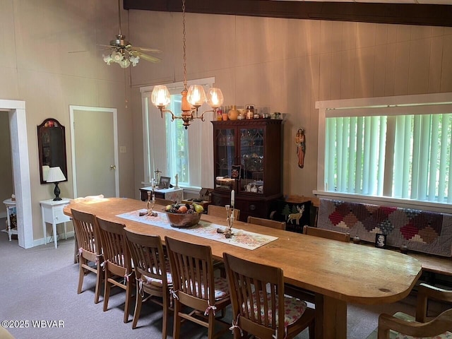 10296 Renovo Rd, North Bend, PA 17760 - carpeted dining area with ceiling fan, a chandelier, and vaulted ceiling