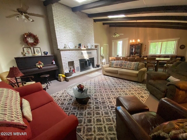 10296 Renovo Rd, North Bend, PA 17760 - carpeted living room with beamed ceiling, a ceiling fan, and a fireplace