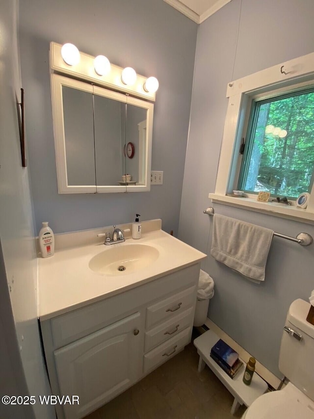10296 Renovo Rd, North Bend, PA 17760 - half bathroom with toilet, vanity, and crown molding