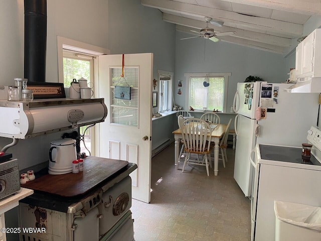10296 Renovo Rd, North Bend, PA 17760 - kitchen featuring electric stove, a ceiling fan, brick patterned flooring, baseboard heating, and white cabinetry