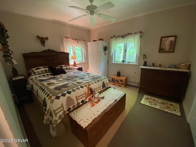 10296 Renovo Rd, North Bend, PA 17760 - bedroom with a baseboard radiator, multiple windows, a ceiling fan, and carpet