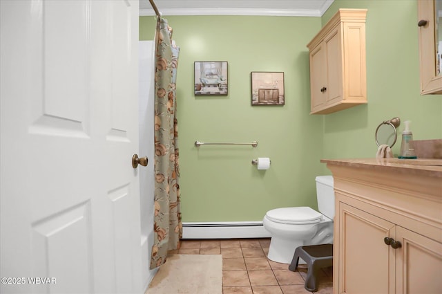 full bathroom with crown molding, shower / tub combo with curtain, baseboard heating, tile patterned floors, and vanity