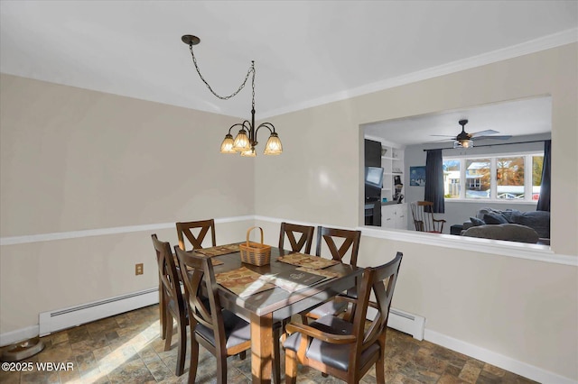 dining space featuring ceiling fan with notable chandelier and a baseboard radiator