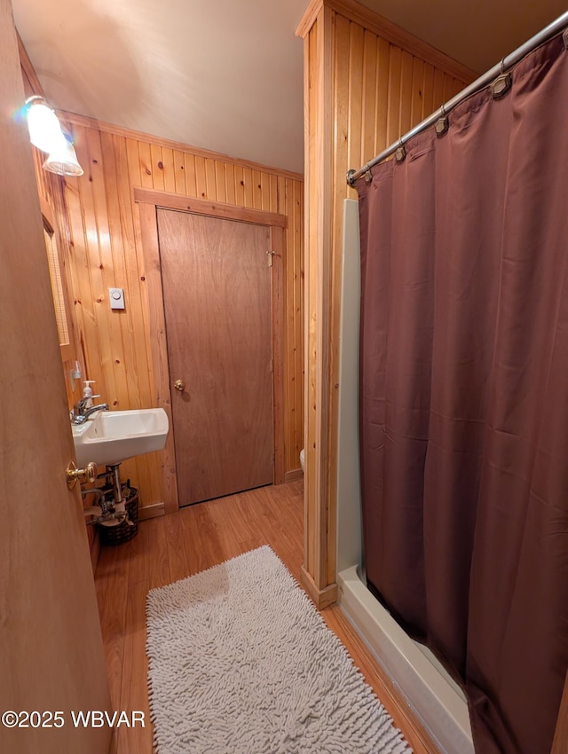 bathroom with sink, wooden walls, wood-type flooring, toilet, and walk in shower