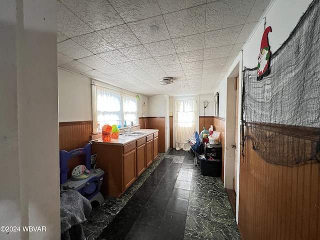 interior space with wooden walls and sink