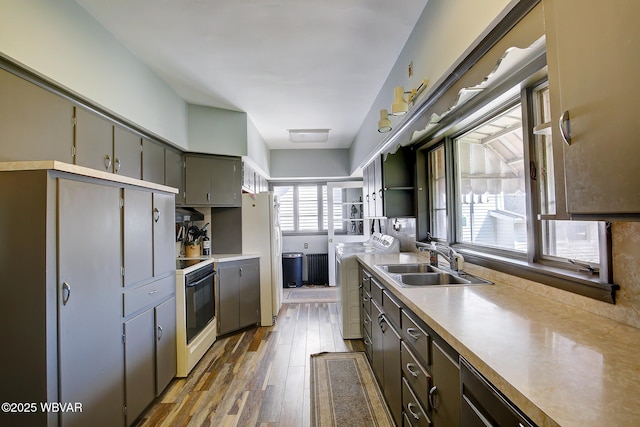 104 Pearl St, Lock Haven, PA 17745 - kitchen with a sink, white appliances, dark wood-style floors, gray cabinets, and light countertops