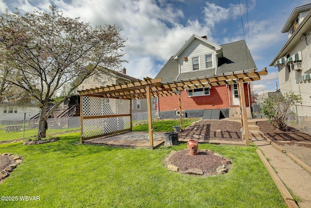 104 Pearl St, Lock Haven, PA 17745 - back of property with a pergola, a patio, brick siding, a chimney, and a shingled roof