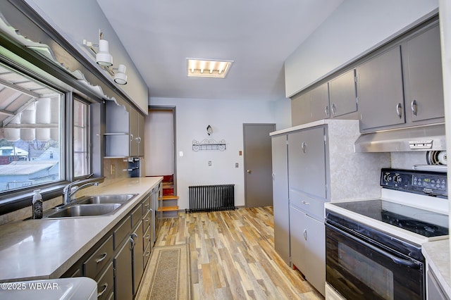 104 Pearl St, Lock Haven, PA 17745 - kitchen featuring electric stove, under cabinet range hood, radiator, a sink, and backsplash