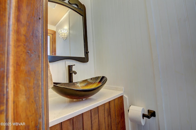bathroom featuring wooden walls and a sink