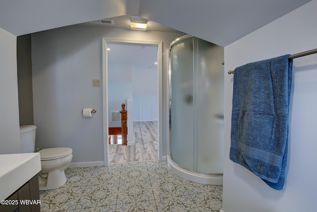 full bathroom with toilet, visible vents, and a stall shower