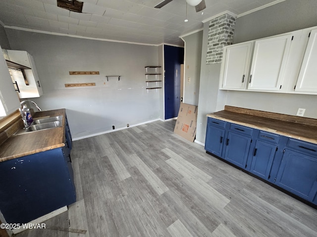 1013 Allegheny St, Jersey Shore, PA 17740 - kitchen featuring blue cabinets, a sink, crown molding, light wood finished floors, and a ceiling fan