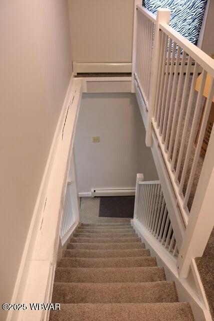 stairway featuring a baseboard radiator