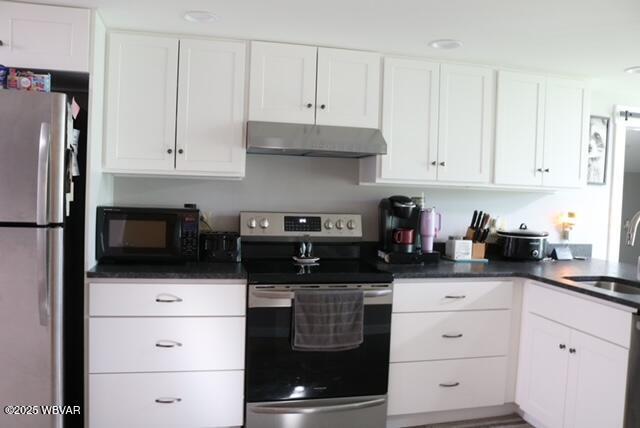 kitchen with under cabinet range hood, white cabinetry, appliances with stainless steel finishes, and a sink