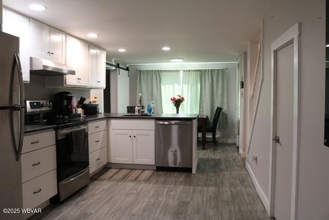 kitchen featuring stainless steel appliances, a barn door, white cabinets, and under cabinet range hood