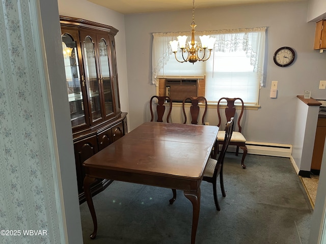 dining room featuring carpet flooring, baseboard heating, an inviting chandelier, and cooling unit