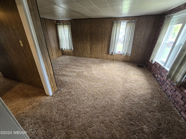 carpeted spare room featuring wooden walls