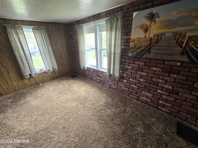 unfurnished room with carpet flooring, wood walls, and plenty of natural light