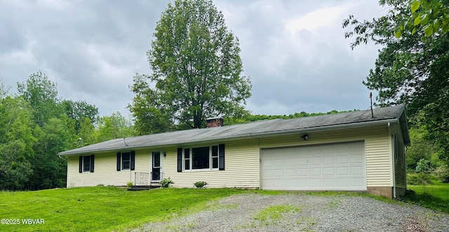 575 Steele Hill Rd, Sugar Run, PA 18846 - ranch-style house featuring gravel driveway, an attached garage, a front yard, and a chimney