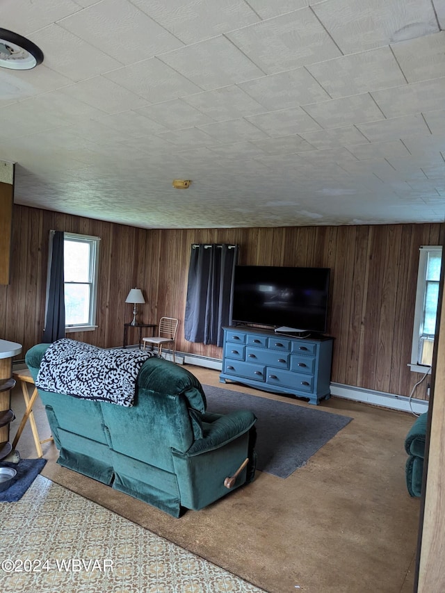 living room with wood walls, light carpet, and a baseboard radiator