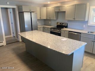 kitchen featuring light wood finished floors, appliances with stainless steel finishes, and gray cabinetry