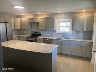 kitchen featuring gray cabinetry, stainless steel appliances, and a sink