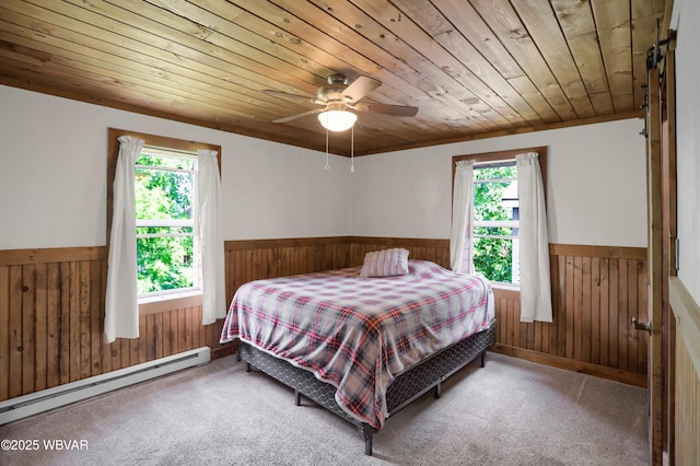 4792 Muncy Exchange Rd, Turbotville, PA 17772 - carpeted bedroom featuring a wainscoted wall, wooden walls, wooden ceiling, a baseboard heating unit, and a ceiling fan