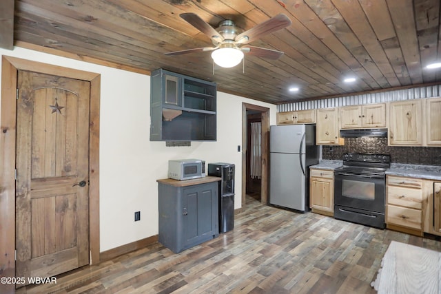 4792 Muncy Exchange Rd, Turbotville, PA 17772 - kitchen featuring black electric range, freestanding refrigerator, under cabinet range hood, wooden ceiling, and a ceiling fan