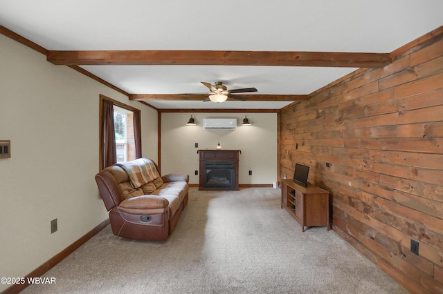 4792 Muncy Exchange Rd, Turbotville, PA 17772 - living room with wooden walls, a glass covered fireplace, ceiling fan, carpet, and an AC wall unit