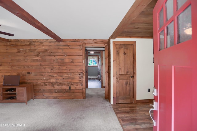 4792 Muncy Exchange Rd, Turbotville, PA 17772 - foyer entrance featuring beamed ceiling, ceiling fan, and wood walls