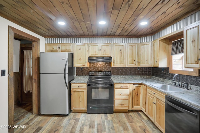 4792 Muncy Exchange Rd, Turbotville, PA 17772 - kitchen with black appliances, light brown cabinetry, wooden ceiling, under cabinet range hood, and backsplash