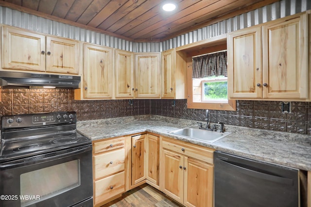 4792 Muncy Exchange Rd, Turbotville, PA 17772 - kitchen featuring black range with electric stovetop, dishwashing machine, under cabinet range hood, light brown cabinetry, and decorative backsplash