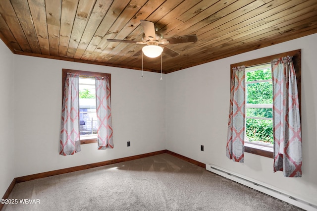 4792 Muncy Exchange Rd, Turbotville, PA 17772 - unfurnished room featuring a baseboard heating unit, wooden ceiling, healthy amount of natural light, carpet flooring, and a ceiling fan