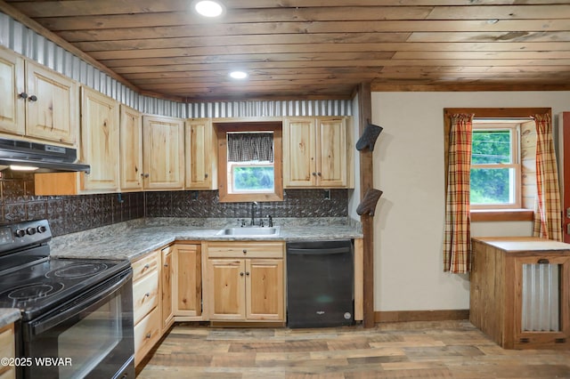 4792 Muncy Exchange Rd, Turbotville, PA 17772 - kitchen with black appliances, under cabinet range hood, light brown cabinetry, backsplash, and wooden ceiling