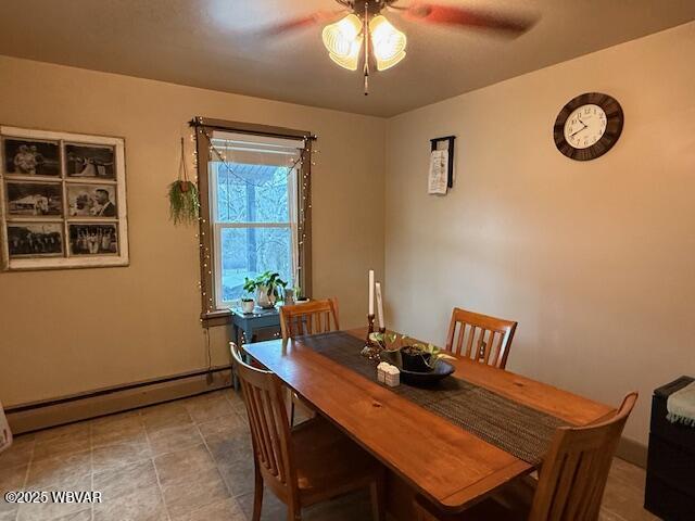 dining area featuring ceiling fan and a baseboard heating unit