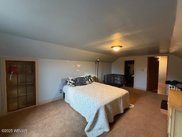 bedroom with lofted ceiling and carpet floors