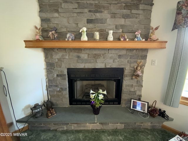 32 Chestnut Ct, Jersey Shore, PA 17740 - room details with baseboards, carpet, and a fireplace