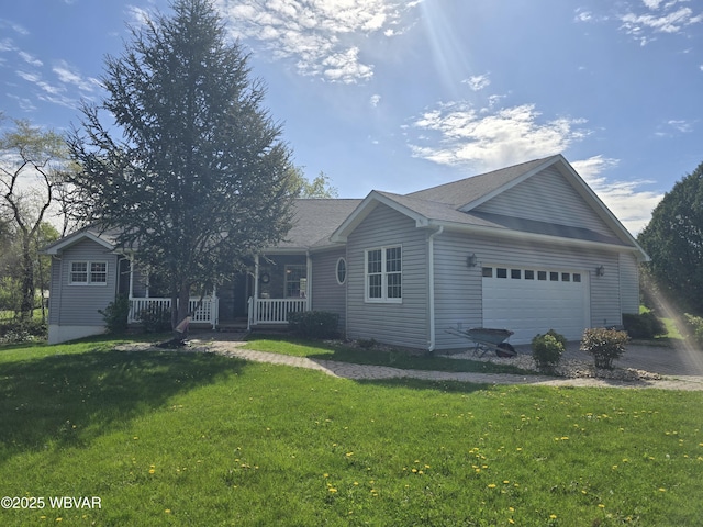 32 Chestnut Ct, Jersey Shore, PA 17740 - single story home with a garage, a front lawn, aphalt driveway, and covered porch