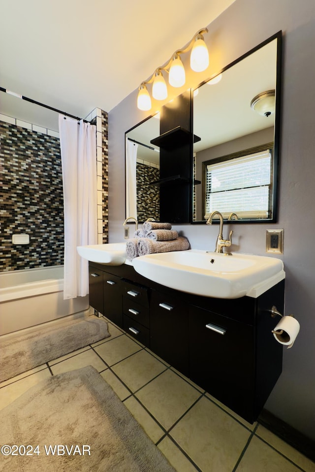 bathroom featuring vanity, tile patterned floors, and shower / tub combo with curtain