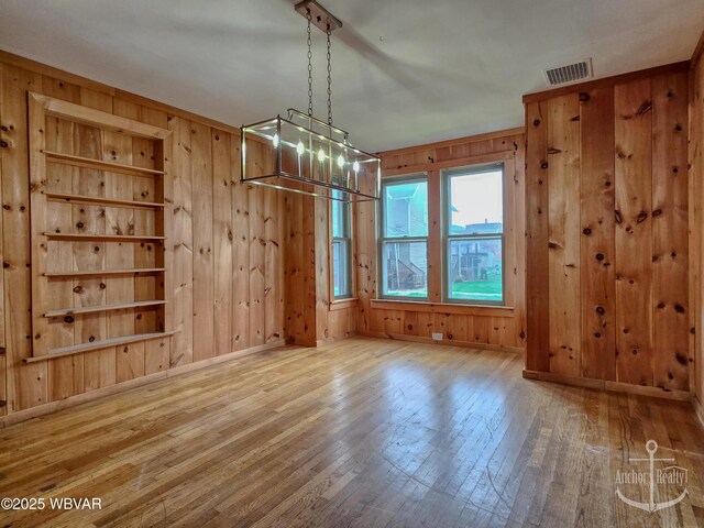402 N Lincoln Ave, Jersey Shore, PA 17740 - unfurnished dining area featuring wood-type flooring, wooden walls, a chandelier, and baseboards