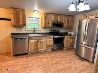 kitchen with pendant lighting, an inviting chandelier, sink, light hardwood / wood-style floors, and stainless steel appliances