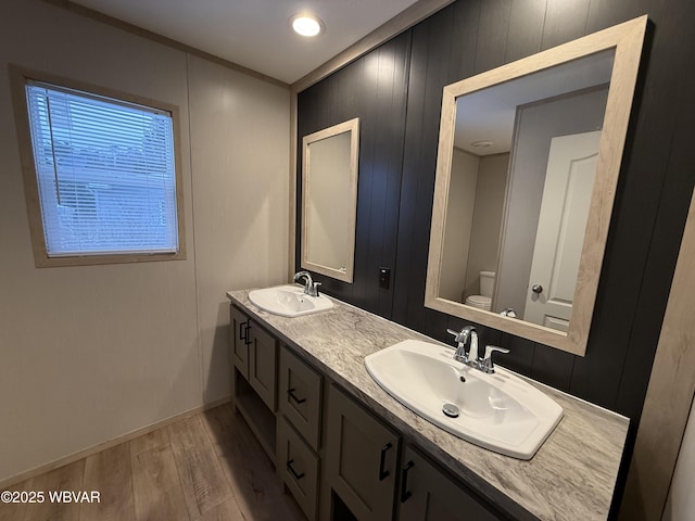 bathroom featuring vanity, wood-type flooring, and toilet